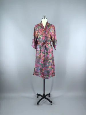 Raw Silk Sari Robe / Pink Abstract Print