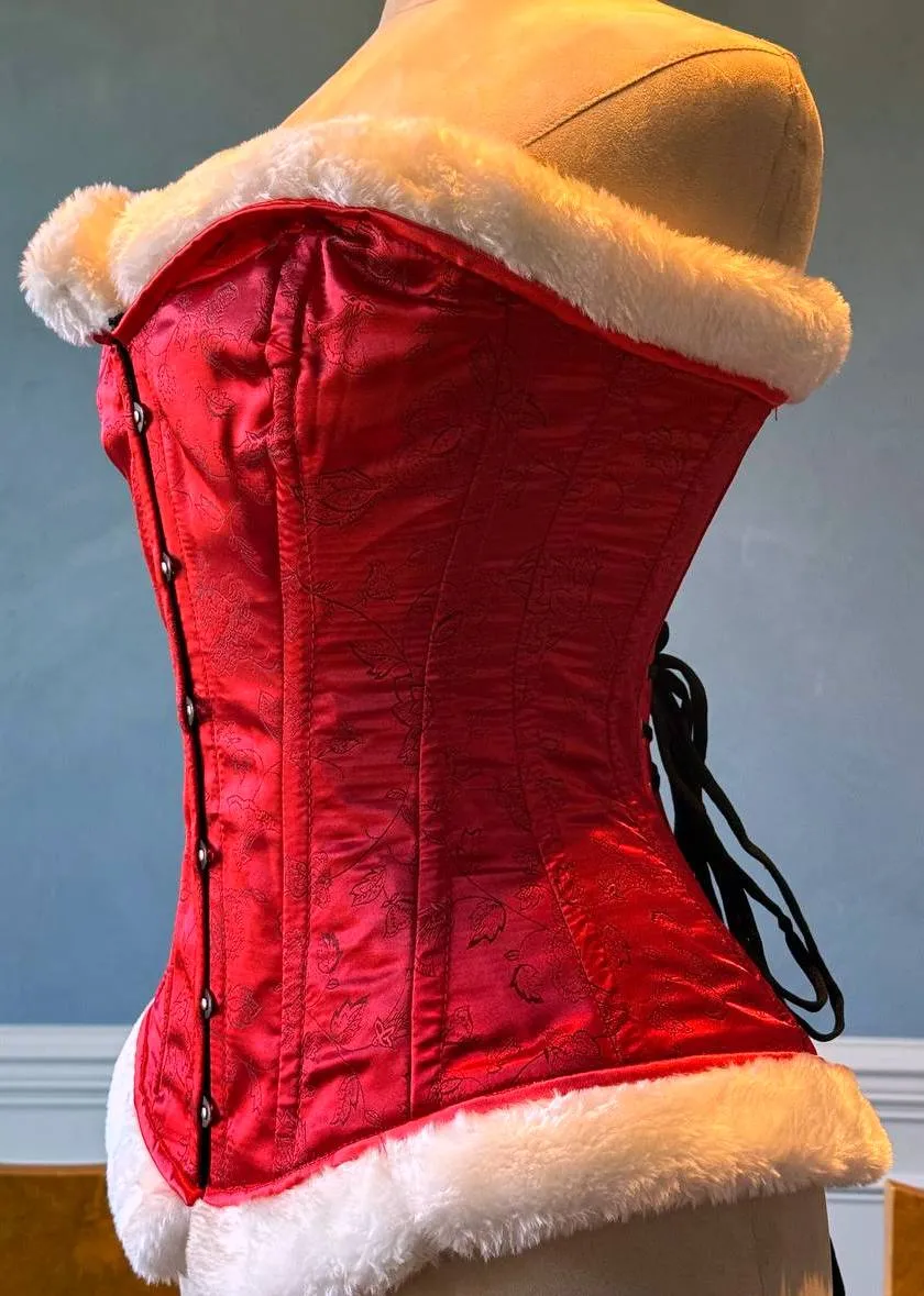 Red brocade with white fur affordable Santa Christmas corset. Corset is made personally according to your measurements.