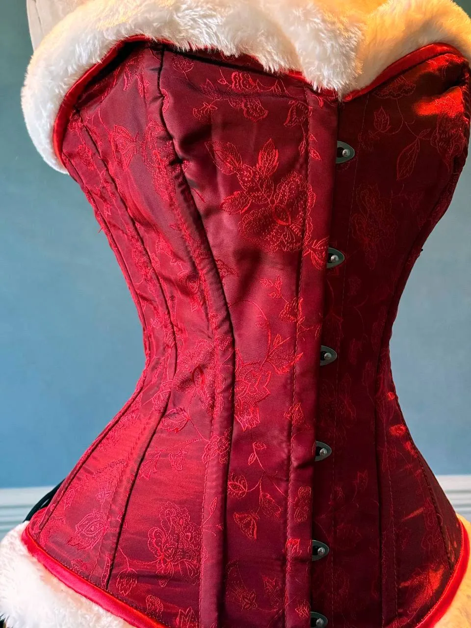 Red brocade with white fur affordable Santa Christmas corset. Corset is made personally according to your measurements.