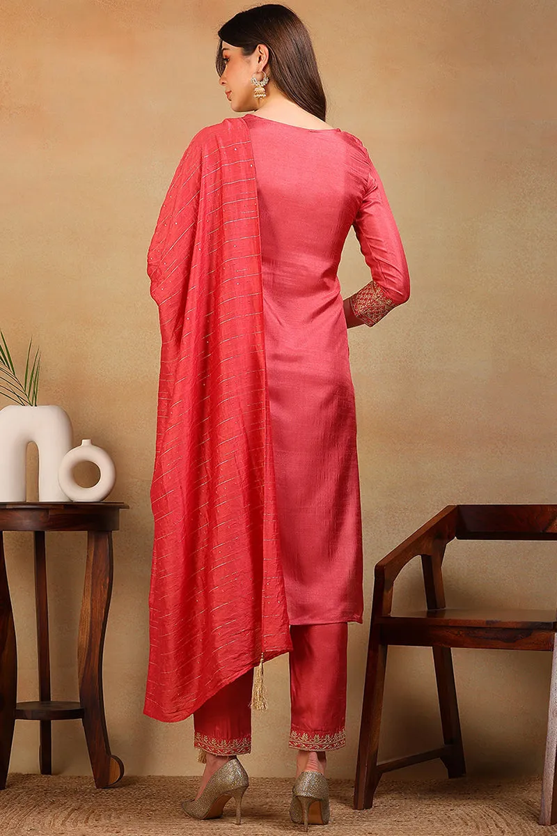 Rust Silk Blend Solid Embroidered Straight Suit Set