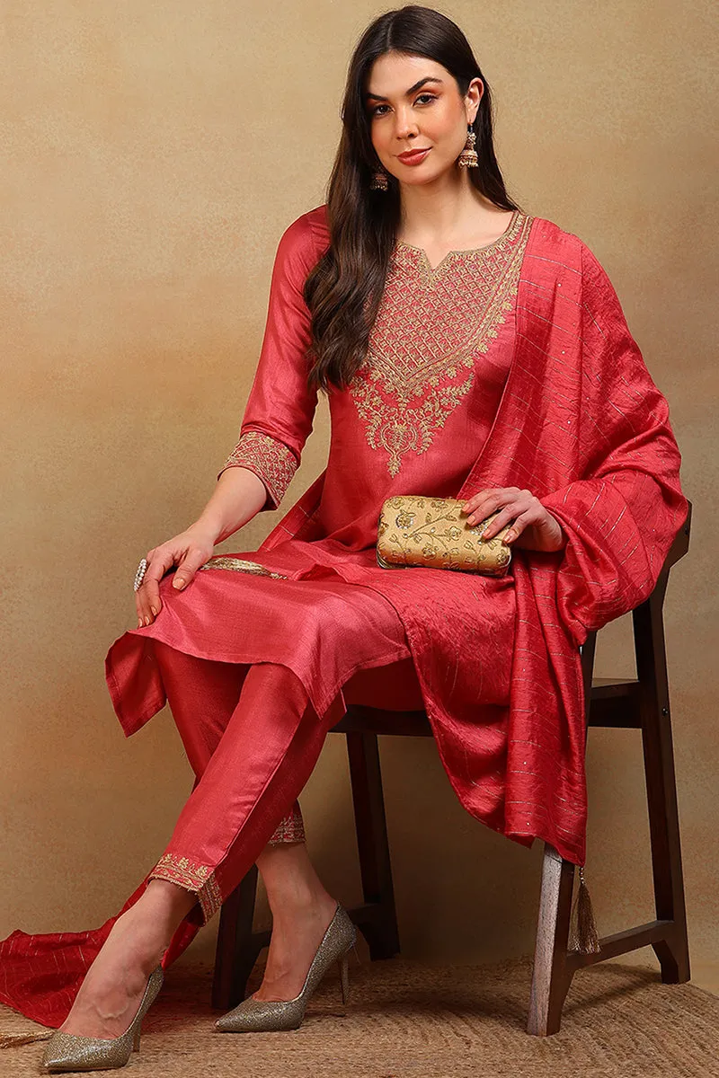 Rust Silk Blend Solid Embroidered Straight Suit Set