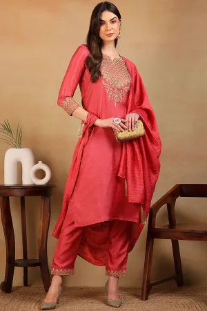 Rust Silk Blend Solid Embroidered Straight Suit Set