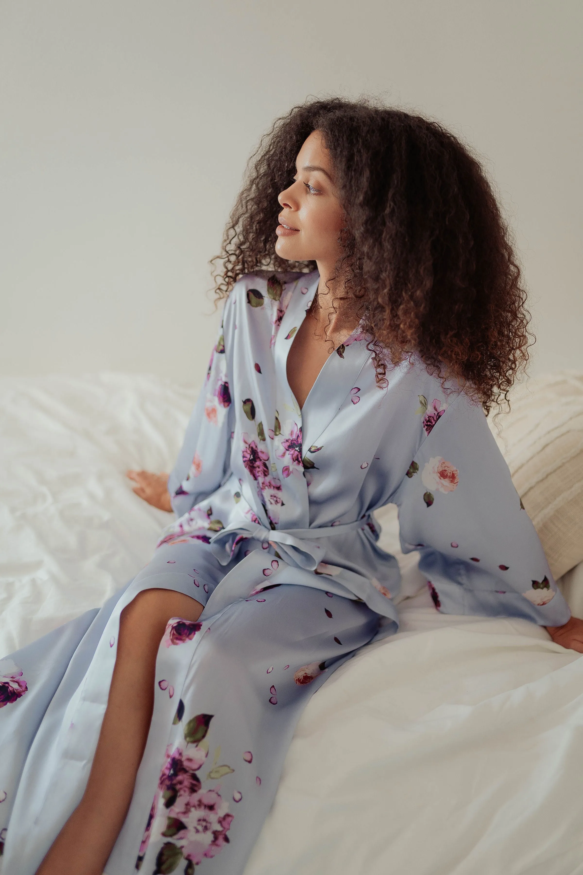 Silk Charmeuse Long Silk Robe: Light Blue Floral Print