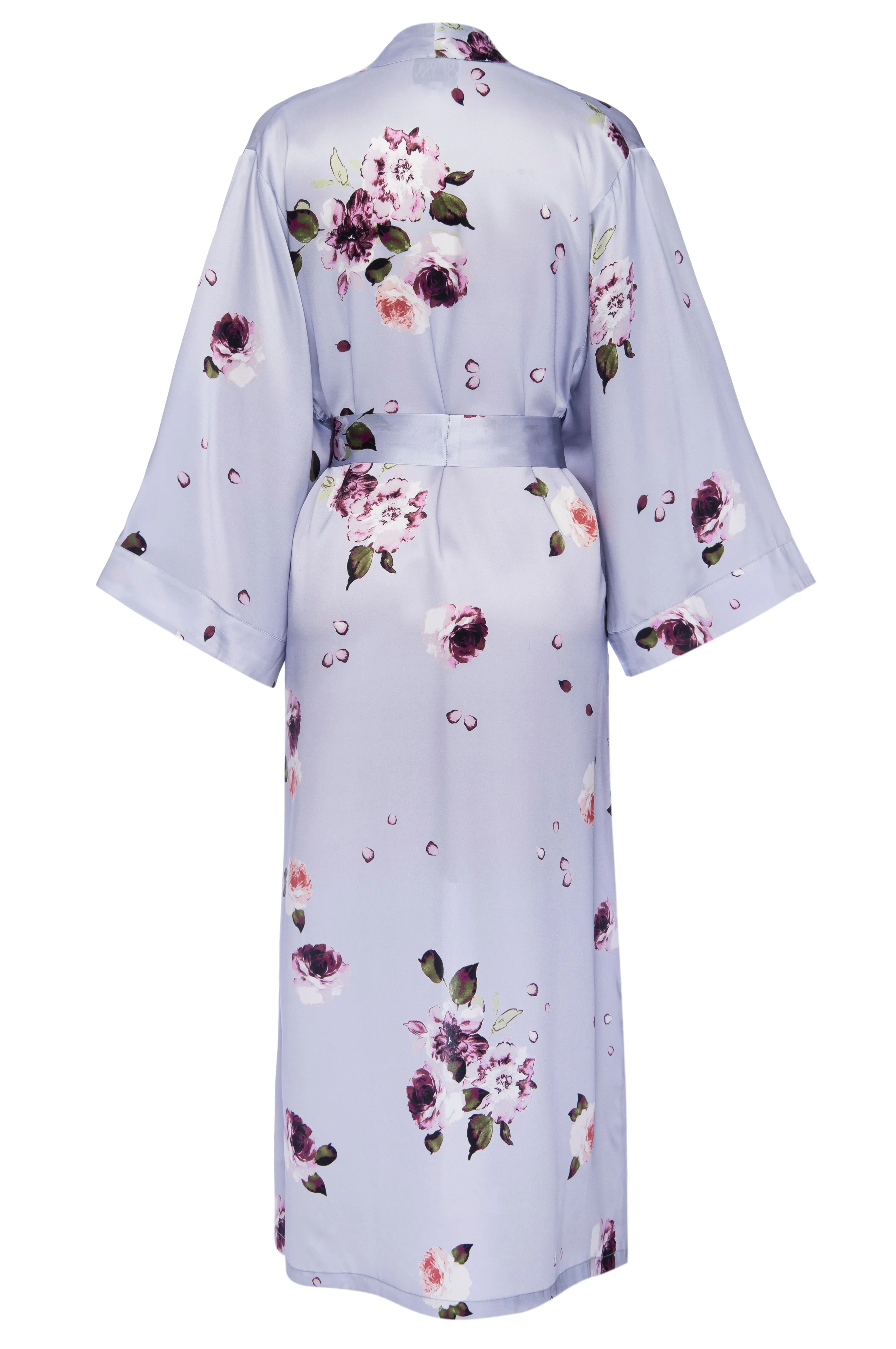 Silk Charmeuse Long Silk Robe: Light Blue Floral Print