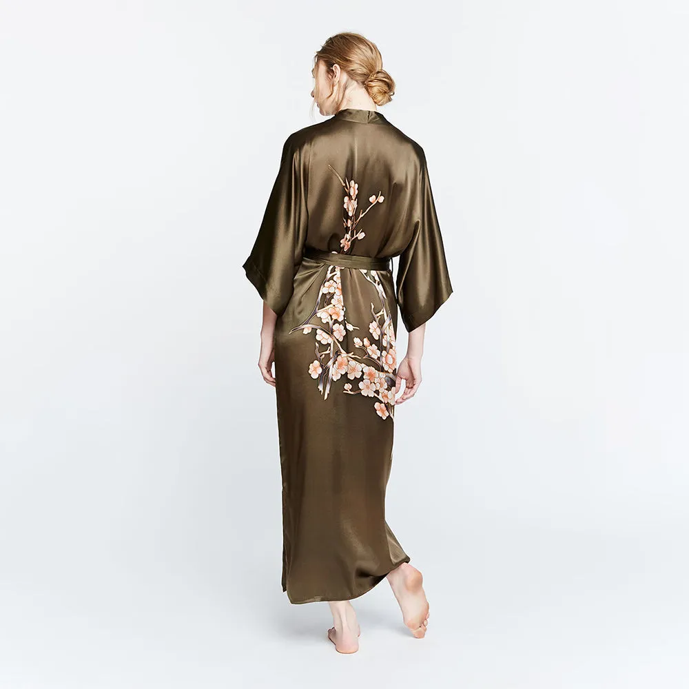 Silk Handpainted Cherry Blossom Long Kimono Robe