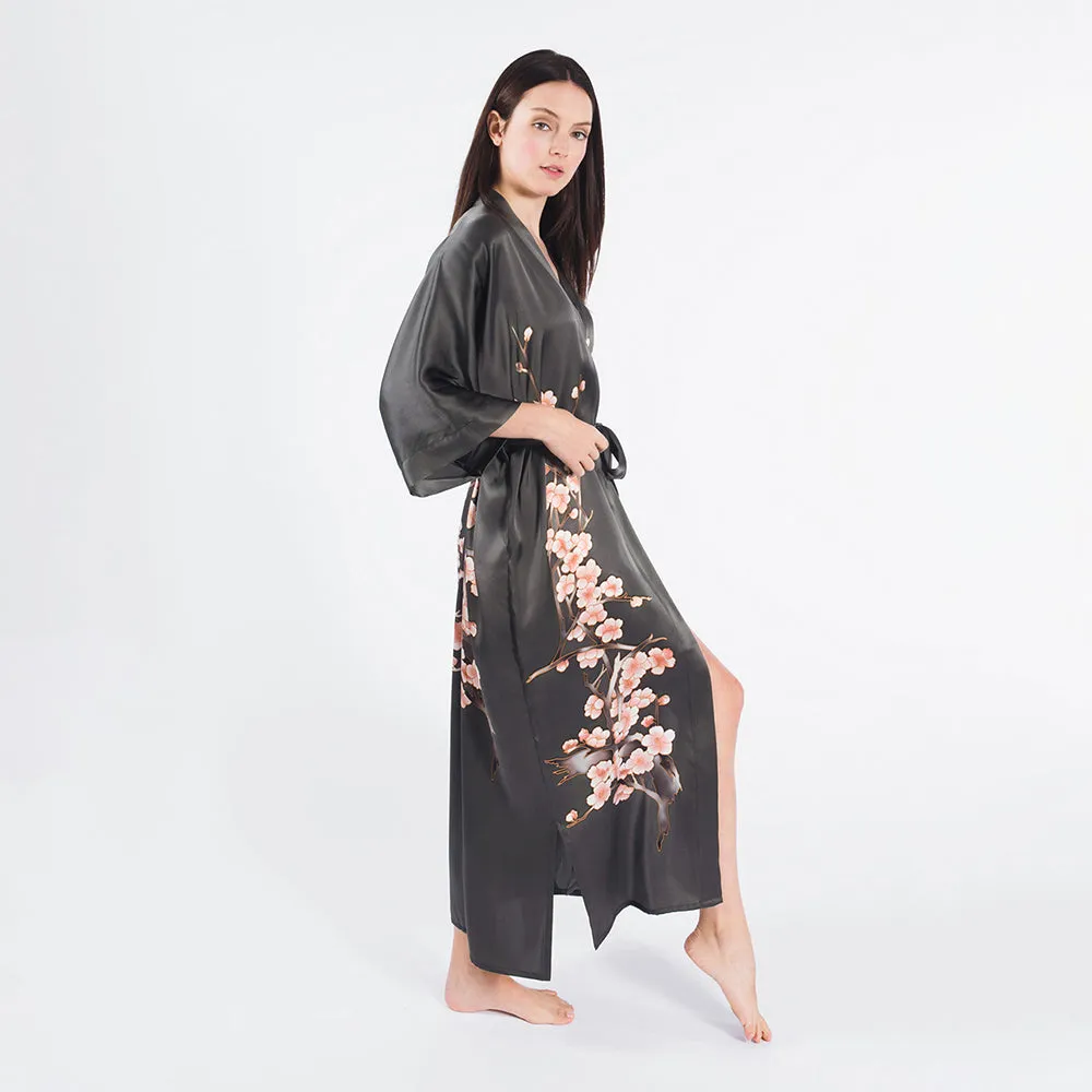 Silk Handpainted Cherry Blossom Long Kimono Robe