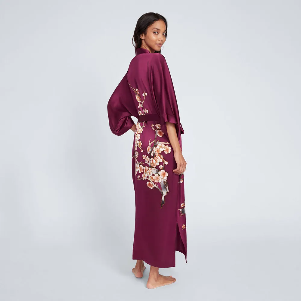 Silk Handpainted Cherry Blossom Long Kimono Robe