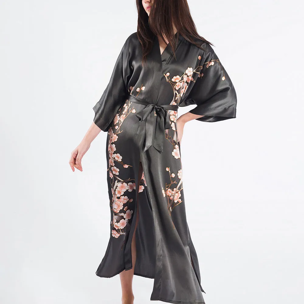 Silk Handpainted Cherry Blossom Long Kimono Robe