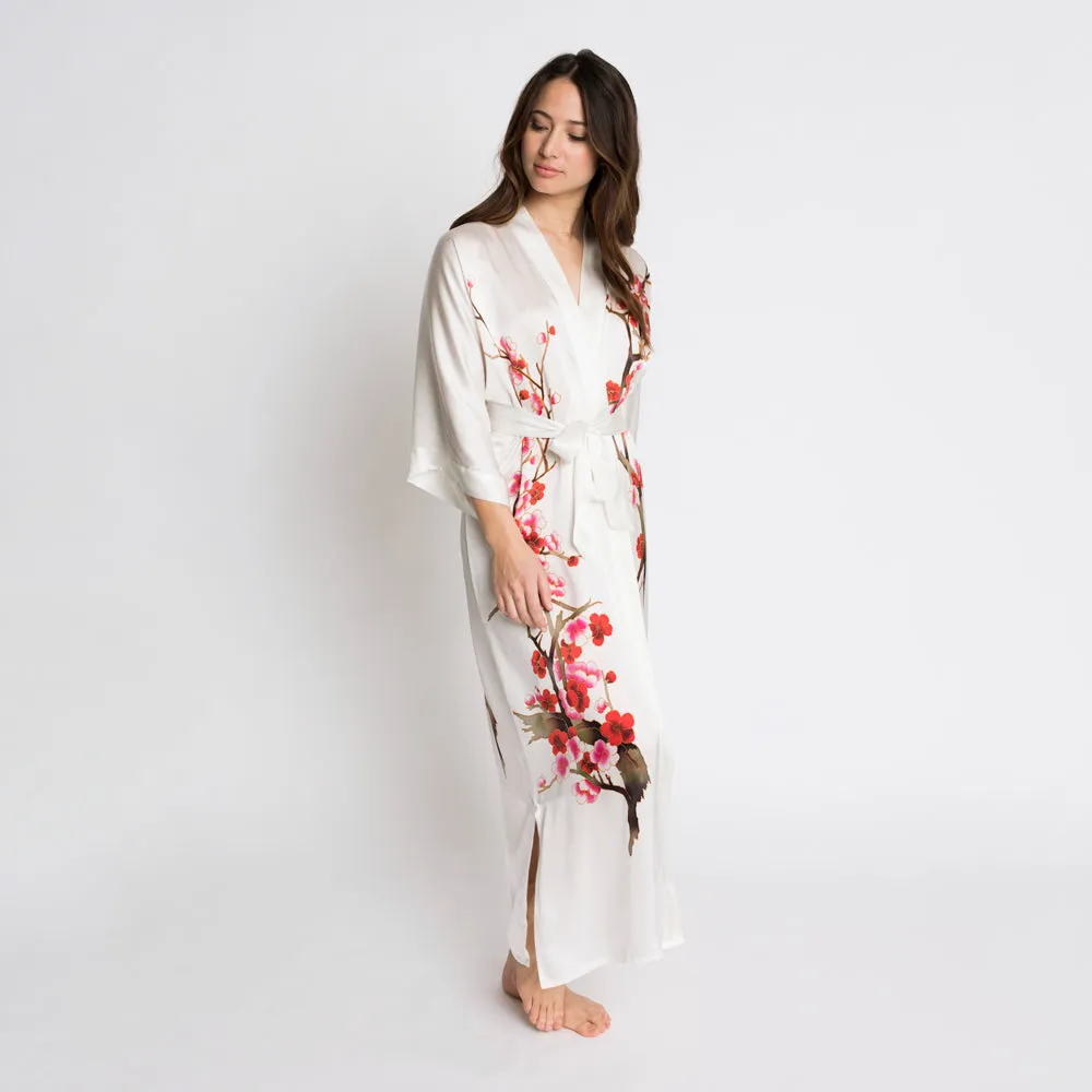 Silk Handpainted Cherry Blossom Long Kimono Robe