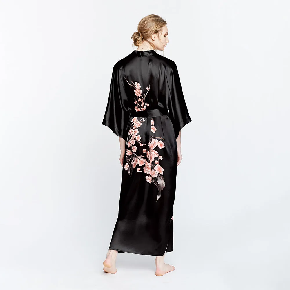 Silk Handpainted Cherry Blossom Long Kimono Robe