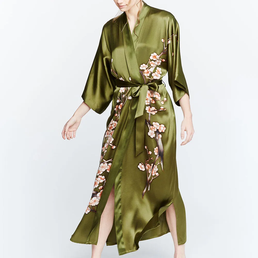 Silk Handpainted Cherry Blossom Long Kimono Robe