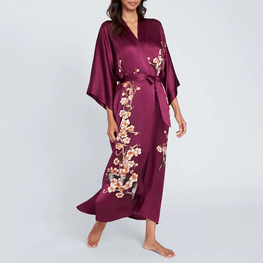 Silk Handpainted Cherry Blossom Long Kimono Robe