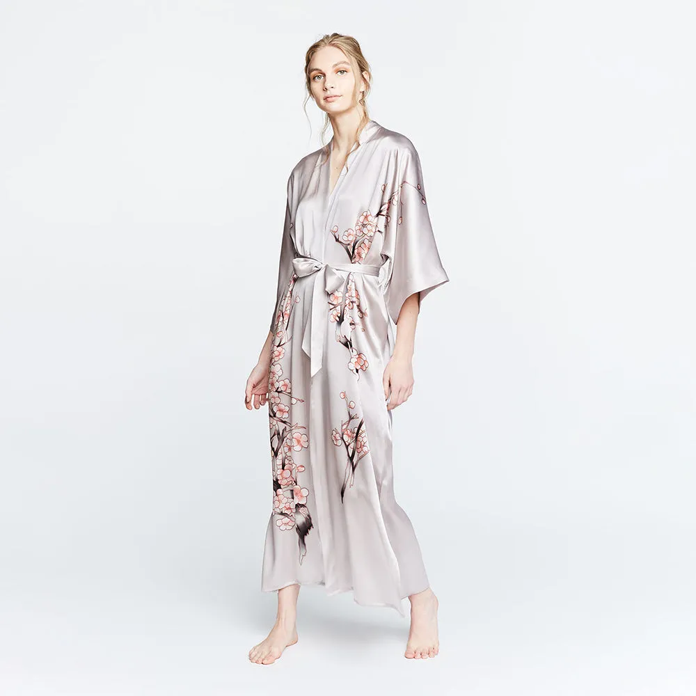 Silk Handpainted Cherry Blossom Long Kimono Robe