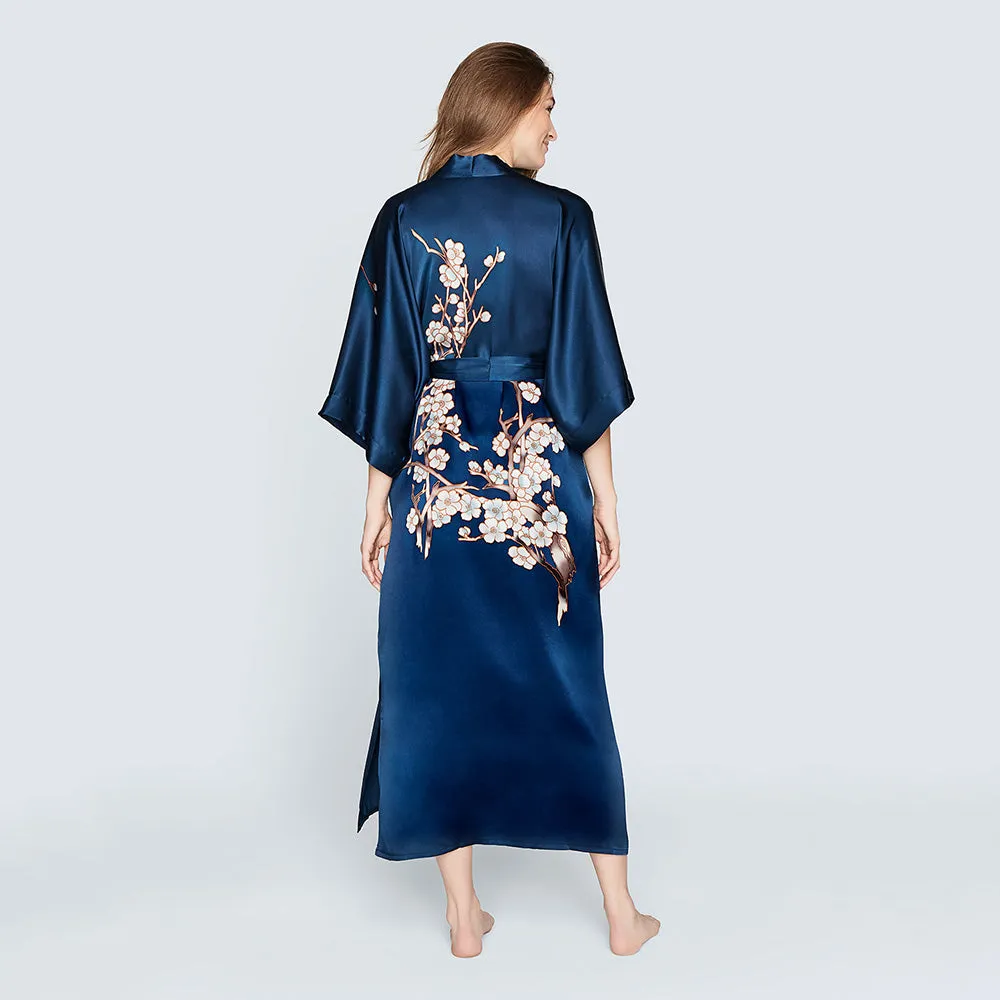 Silk Handpainted Cherry Blossom Long Kimono Robe