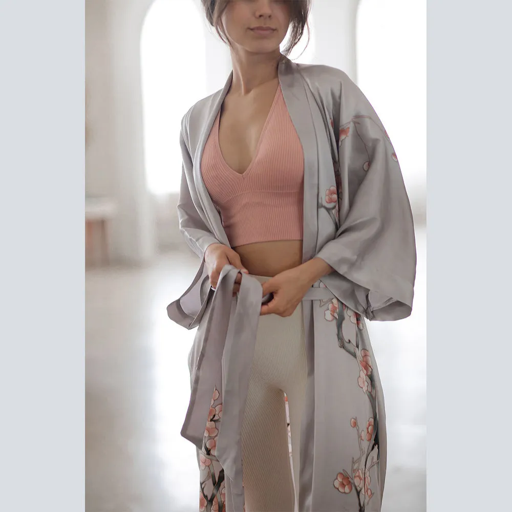 Silk Handpainted Cherry Blossom Long Kimono Robe