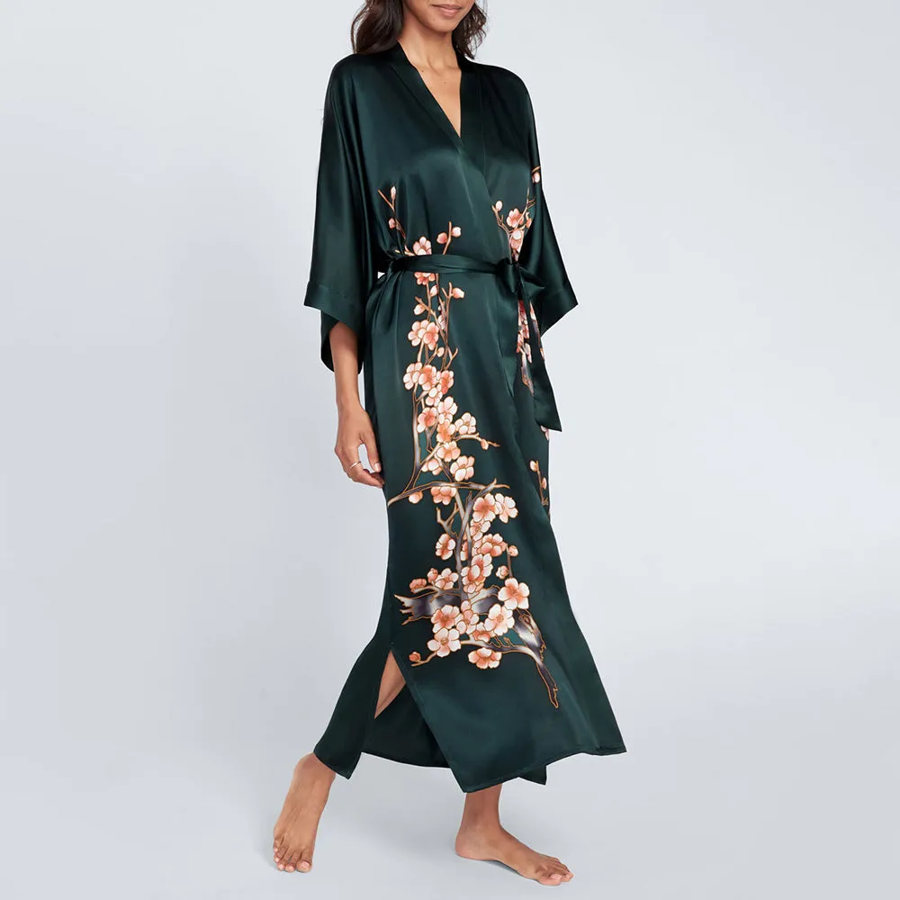 Silk Handpainted Cherry Blossom Long Kimono Robe