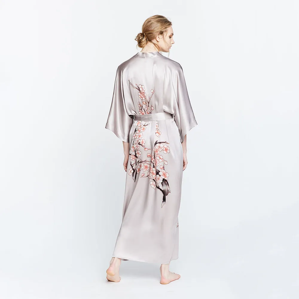 Silk Handpainted Cherry Blossom Long Kimono Robe