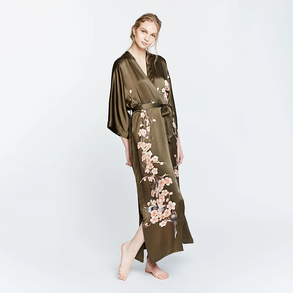 Silk Handpainted Cherry Blossom Long Kimono Robe