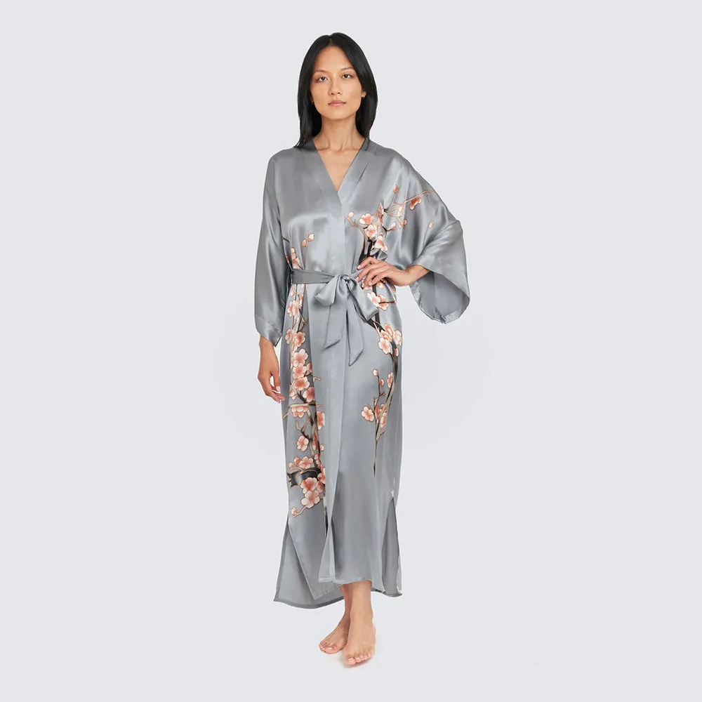 Silk Handpainted Cherry Blossom Long Kimono Robe