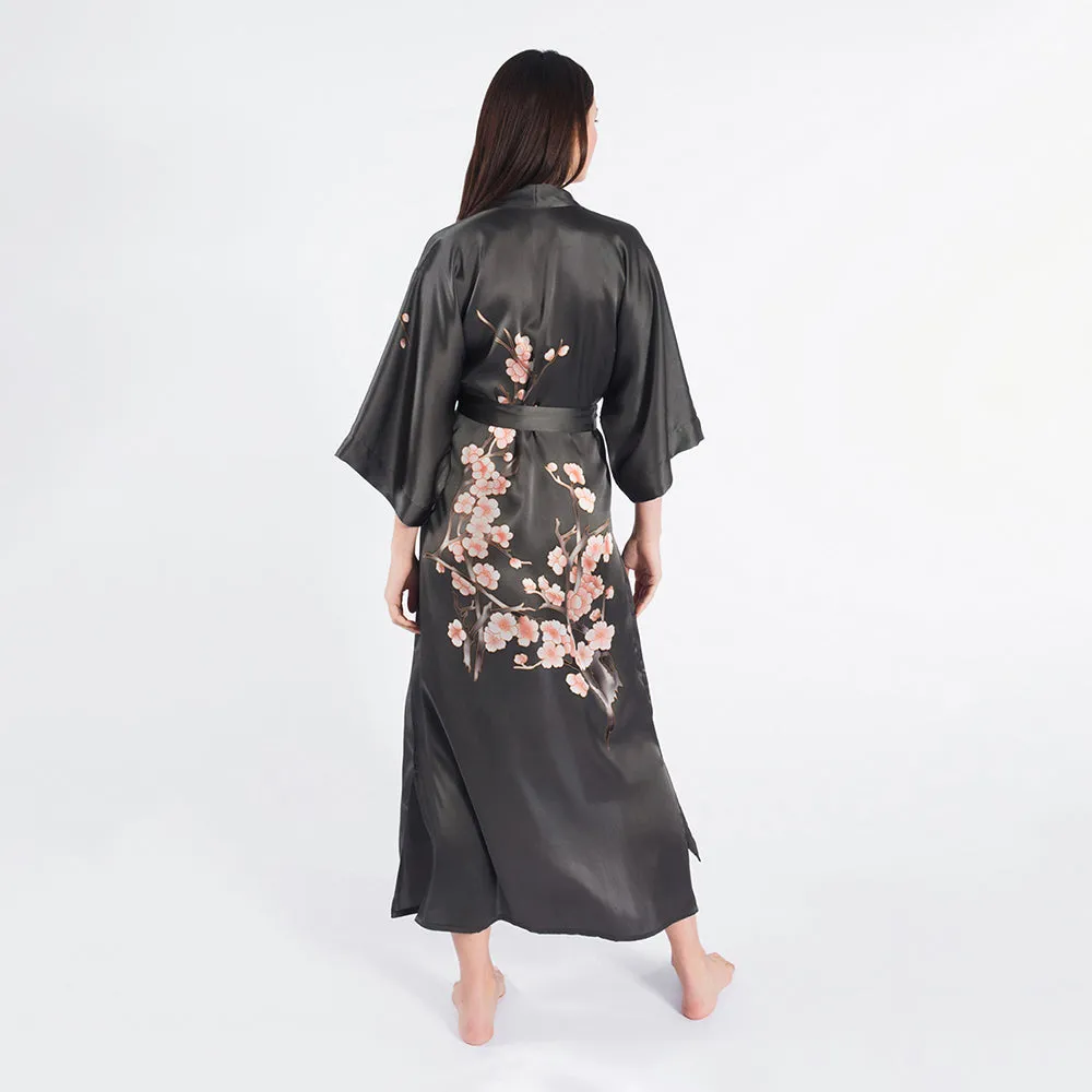 Silk Handpainted Cherry Blossom Long Kimono Robe