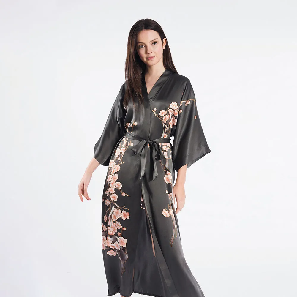 Silk Handpainted Cherry Blossom Long Kimono Robe