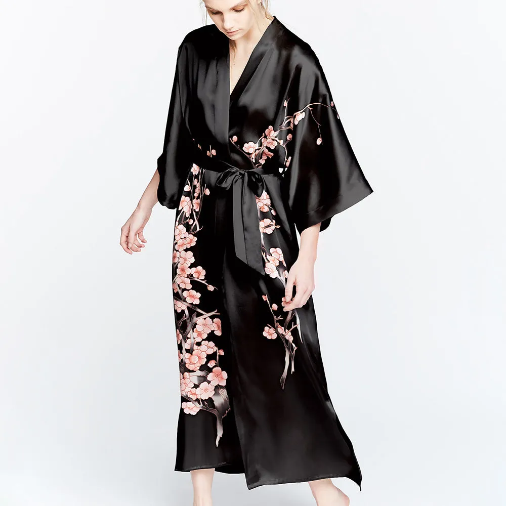 Silk Handpainted Cherry Blossom Long Kimono Robe