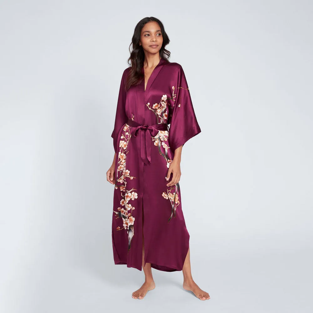 Silk Handpainted Cherry Blossom Long Kimono Robe