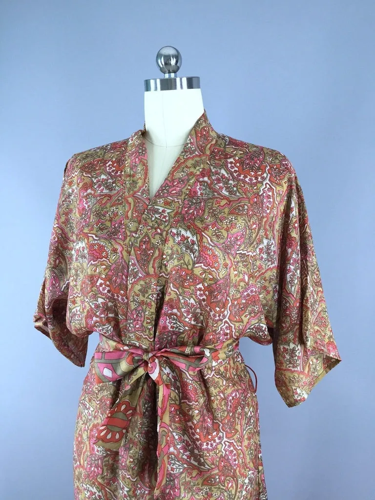 Silk Sari Robe / Autumn Tan Floral