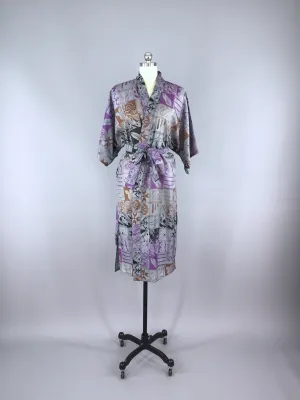 Silk Sari Robe / Grey & Purple Abstract Floral Print