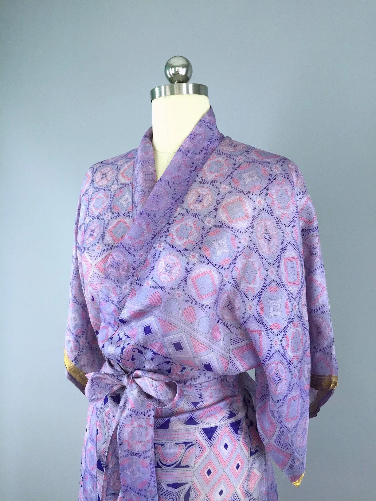 Silk Sari Robe / Lavender & Blue Abstract