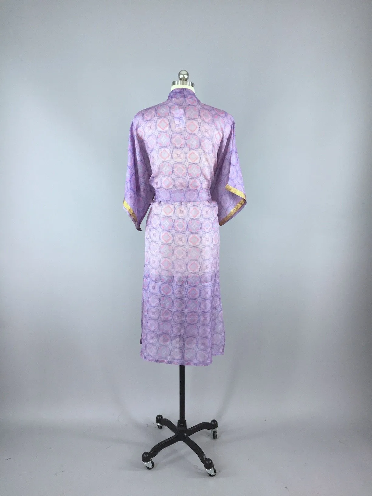 Silk Sari Robe / Lavender & Blue Abstract