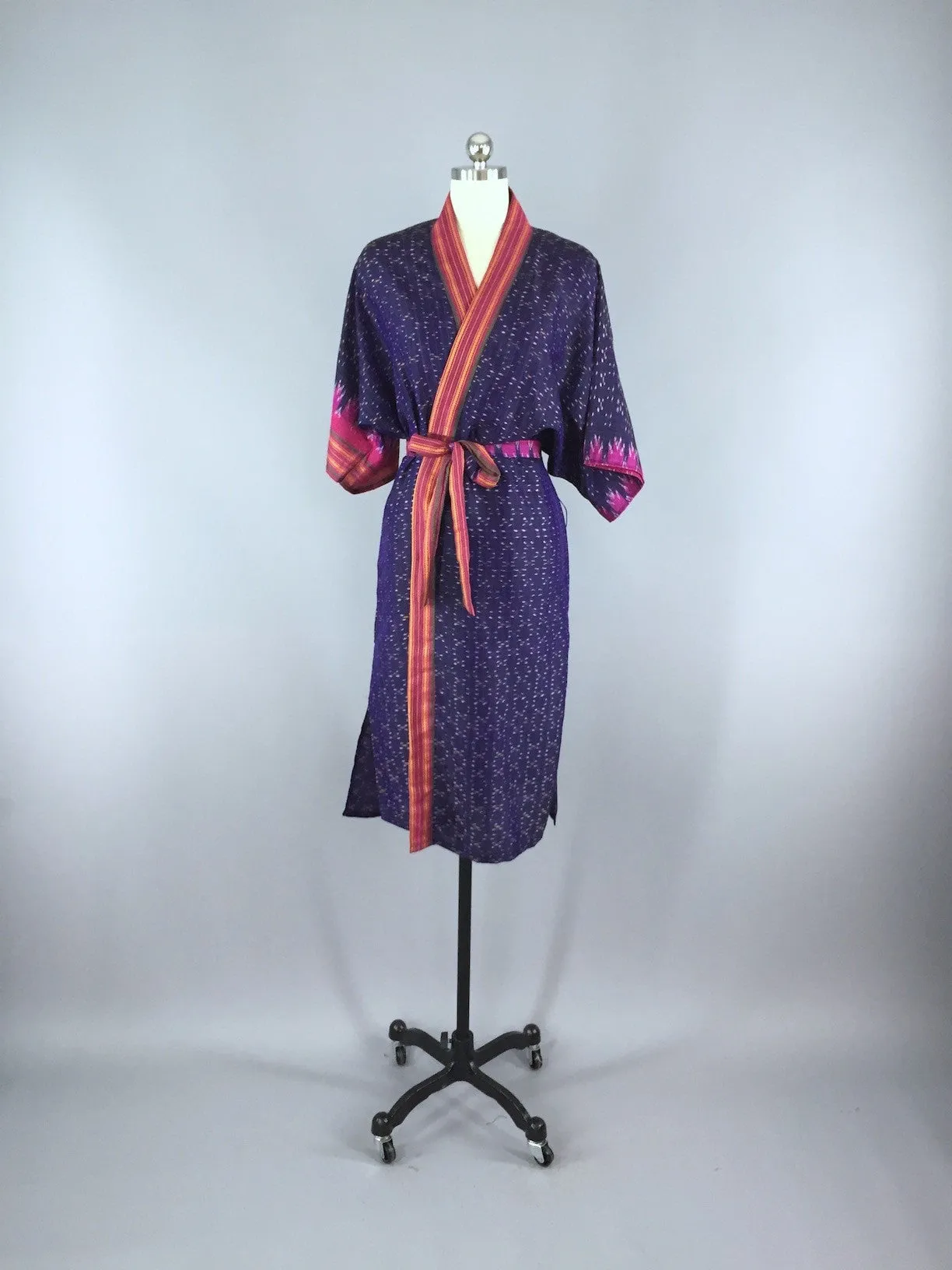 Silk Sari Robe / Navy Blue Ikat