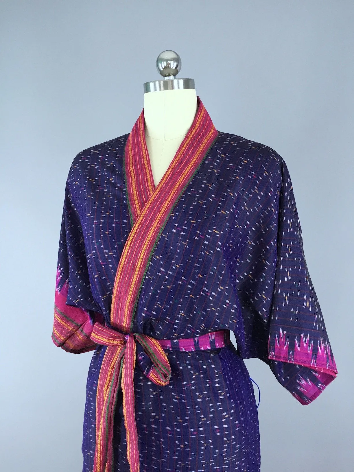 Silk Sari Robe / Navy Blue Ikat