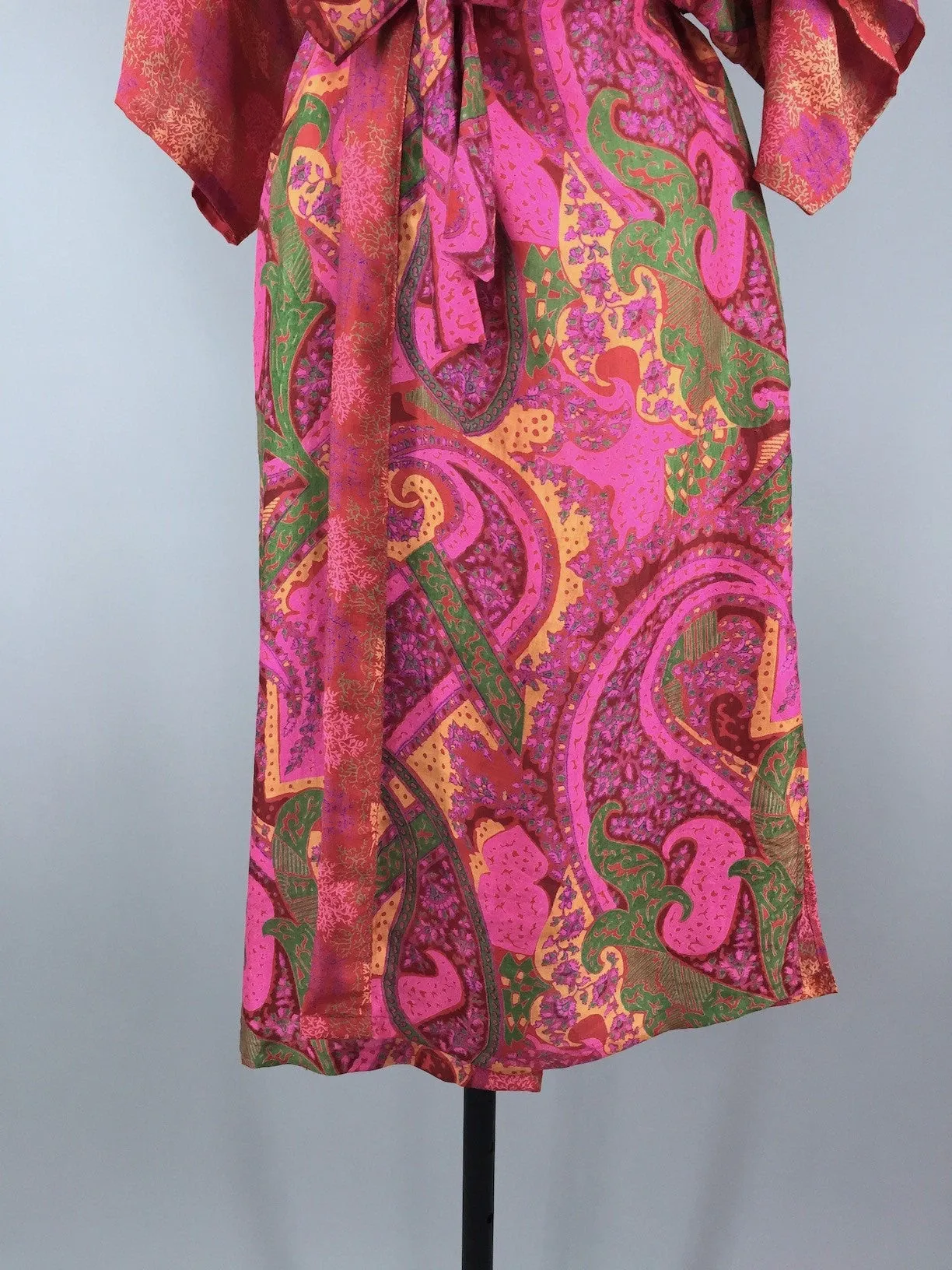 Silk Sari Robe / Red Paisley Coral Print