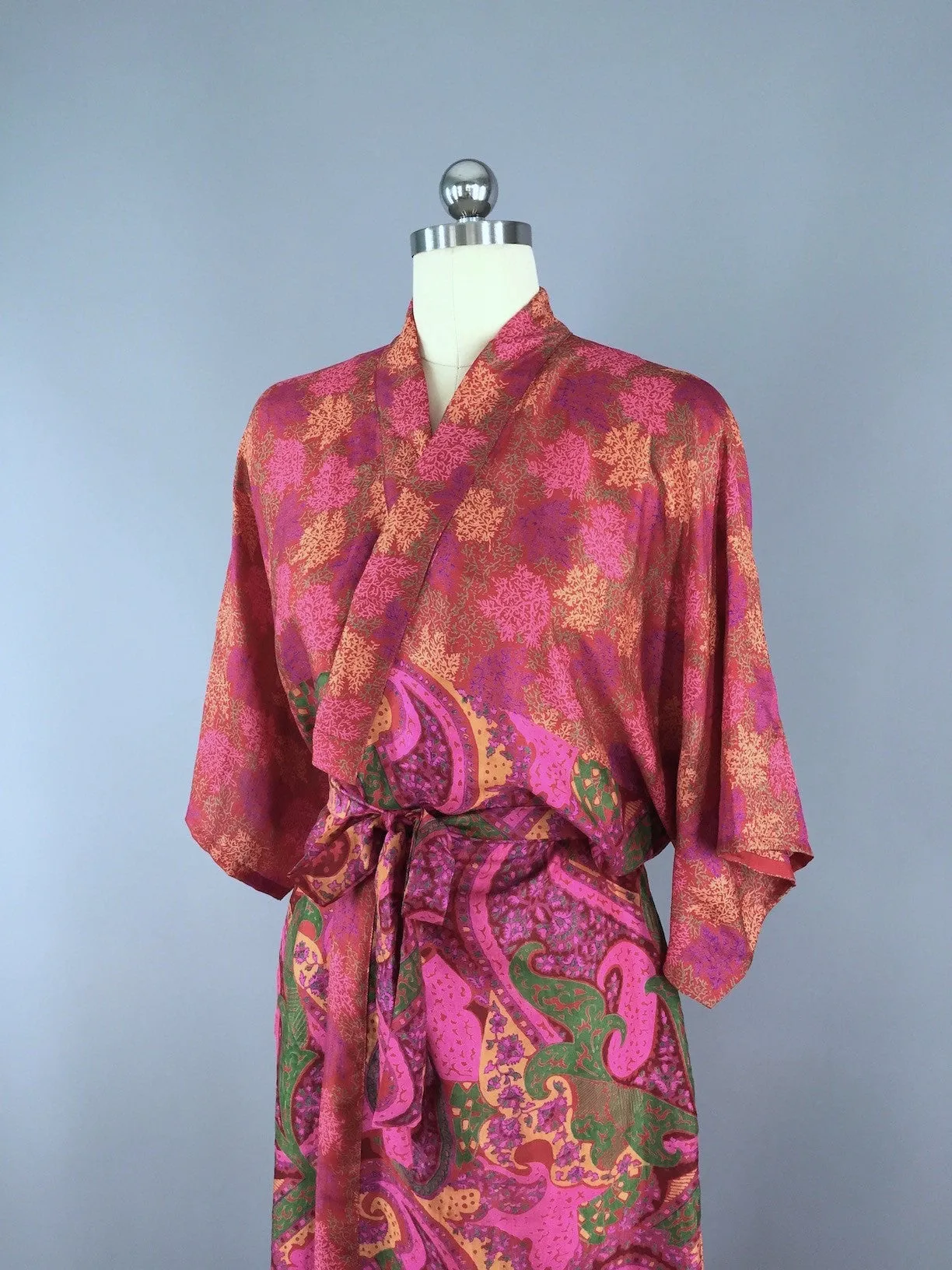 Silk Sari Robe / Red Paisley Coral Print