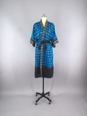 Silk Sari Robe / Turquoise & Black Ikat