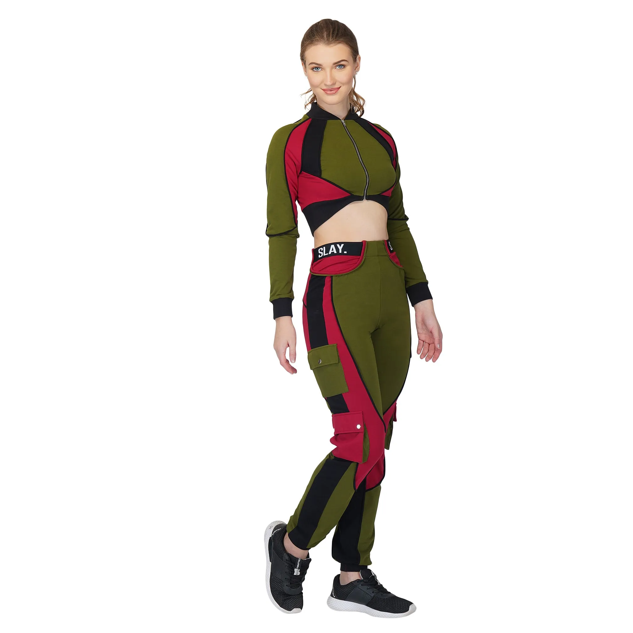 SLAY. Women's Activewear Tracksuit Green Red Black Colorblock Crop Jacket & Cargo Pants Co-ord Set