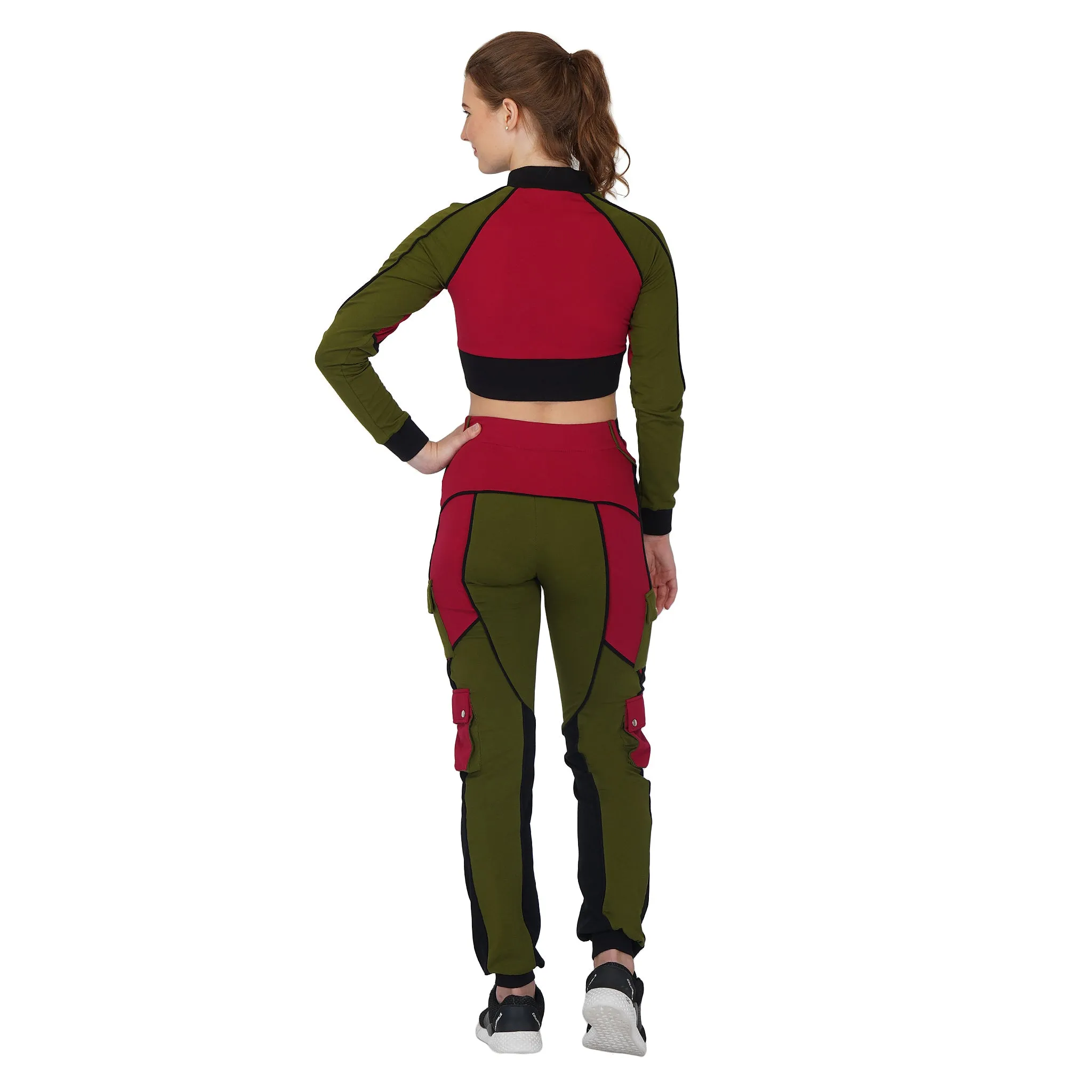 SLAY. Women's Activewear Tracksuit Green Red Black Colorblock Crop Jacket & Cargo Pants Co-ord Set