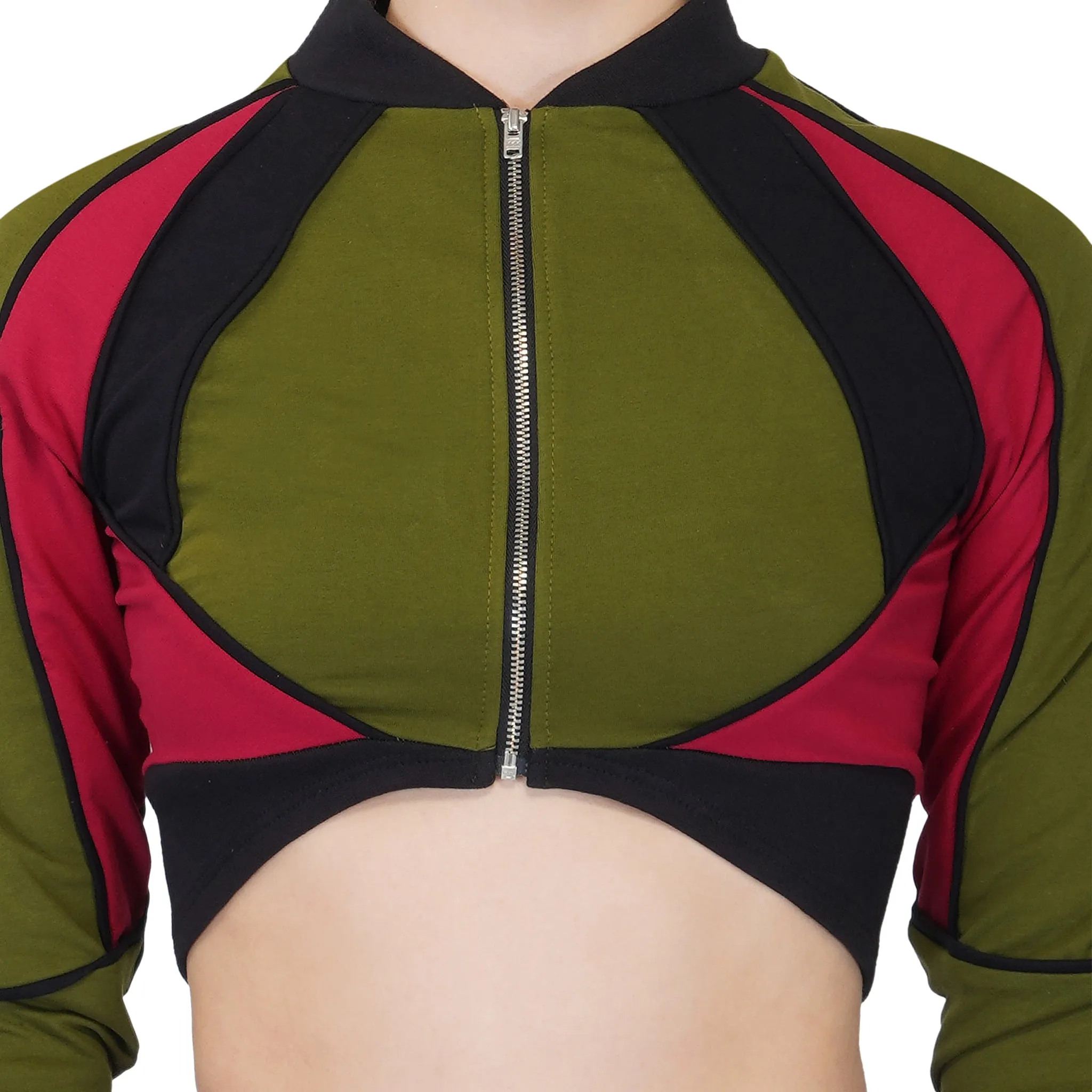 SLAY. Women's Activewear Tracksuit Green Red Black Colorblock Crop Jacket & Cargo Pants Co-ord Set