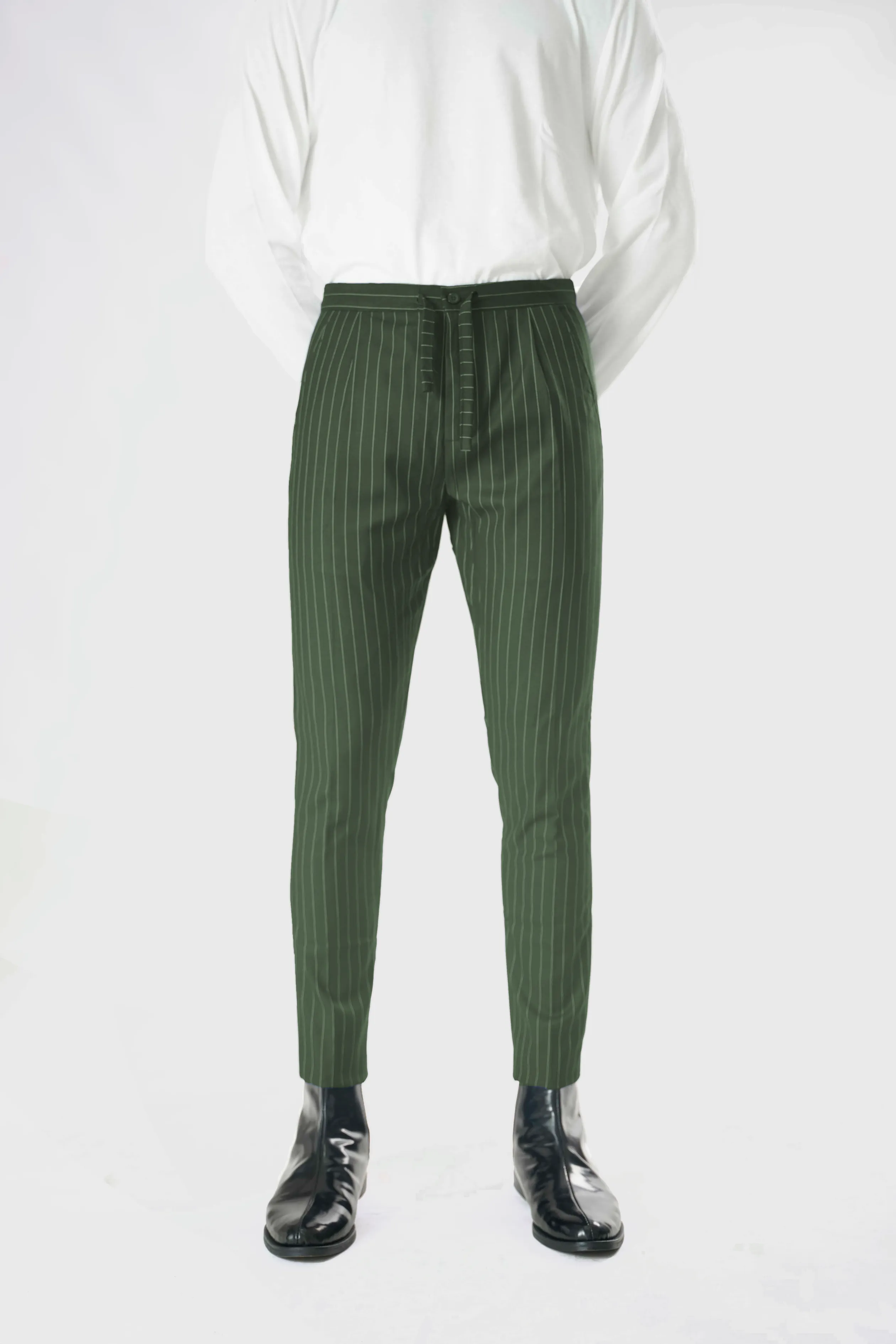 Standard Length Long Sleeve Wool Pants in Green Pinstripe