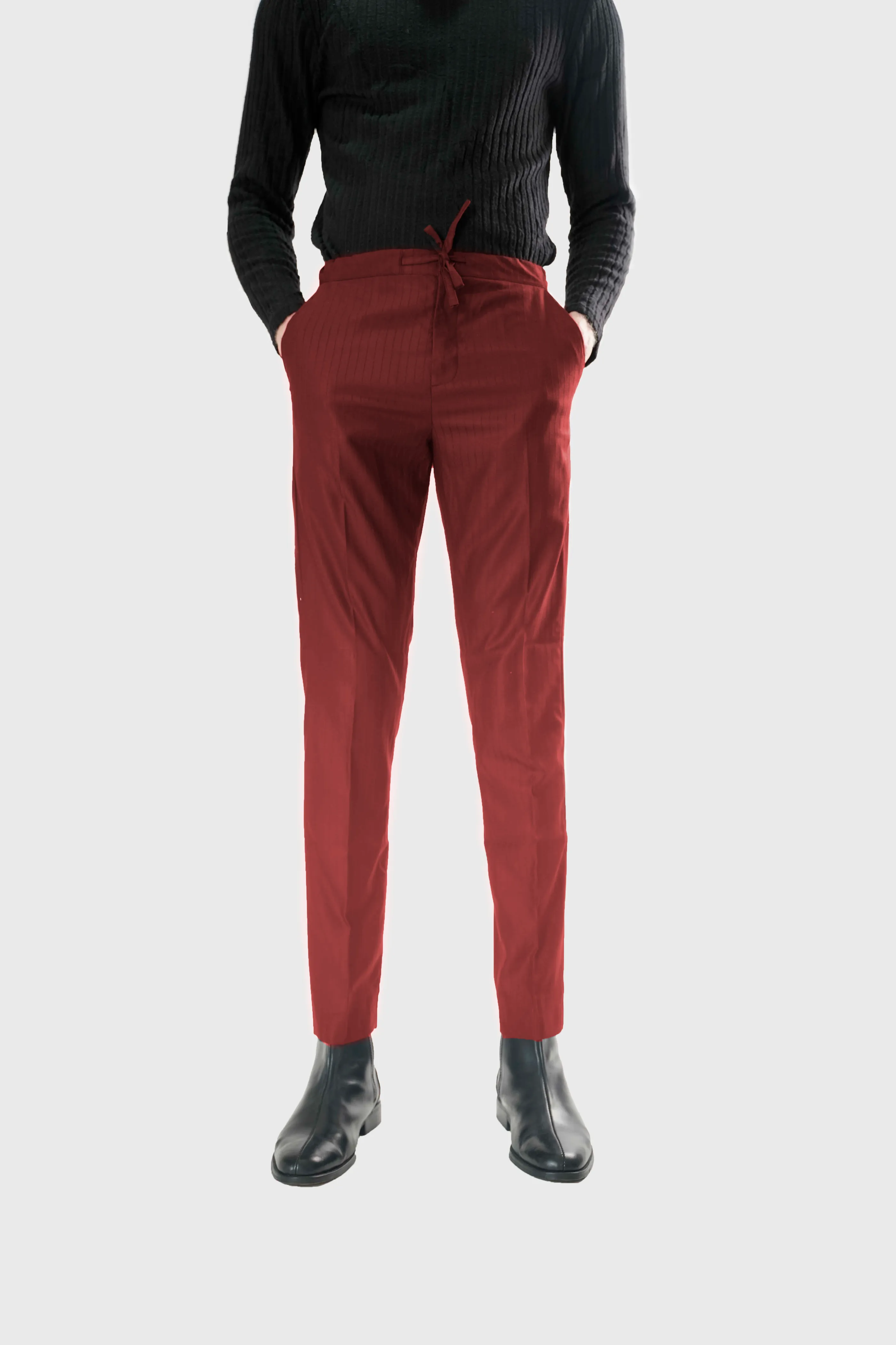 Standard Length Three Quarter Sleeve Wool Pants in Double Burgundy Pinstripe