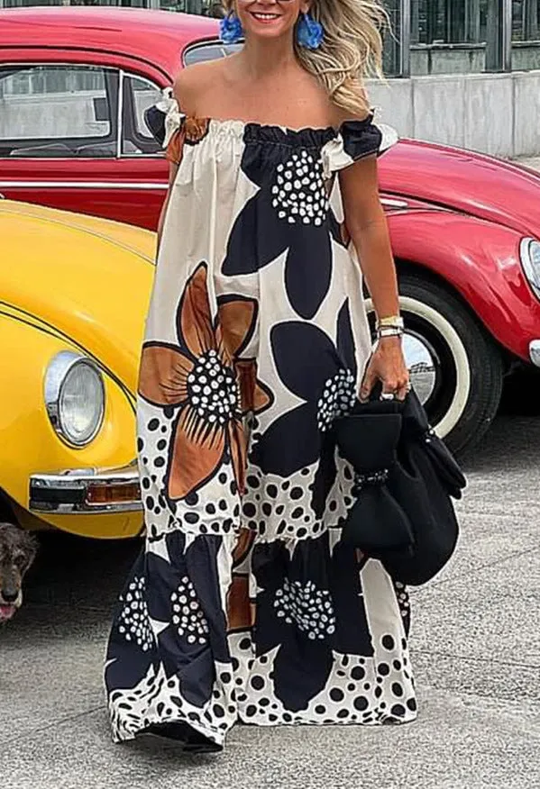 Summer New Pocket Off Shoulder Print Loose Relaxed Dopamine Dress