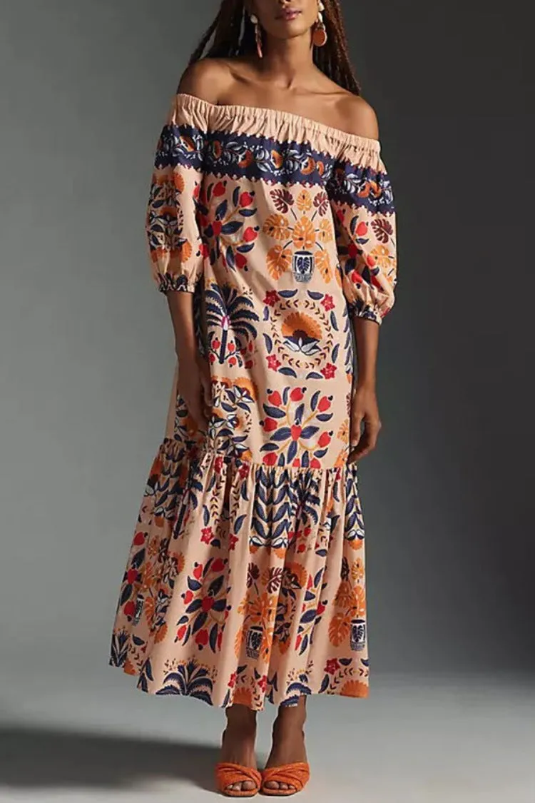 Summer New Retro Print Off Shoulder Loose Pocket Dress