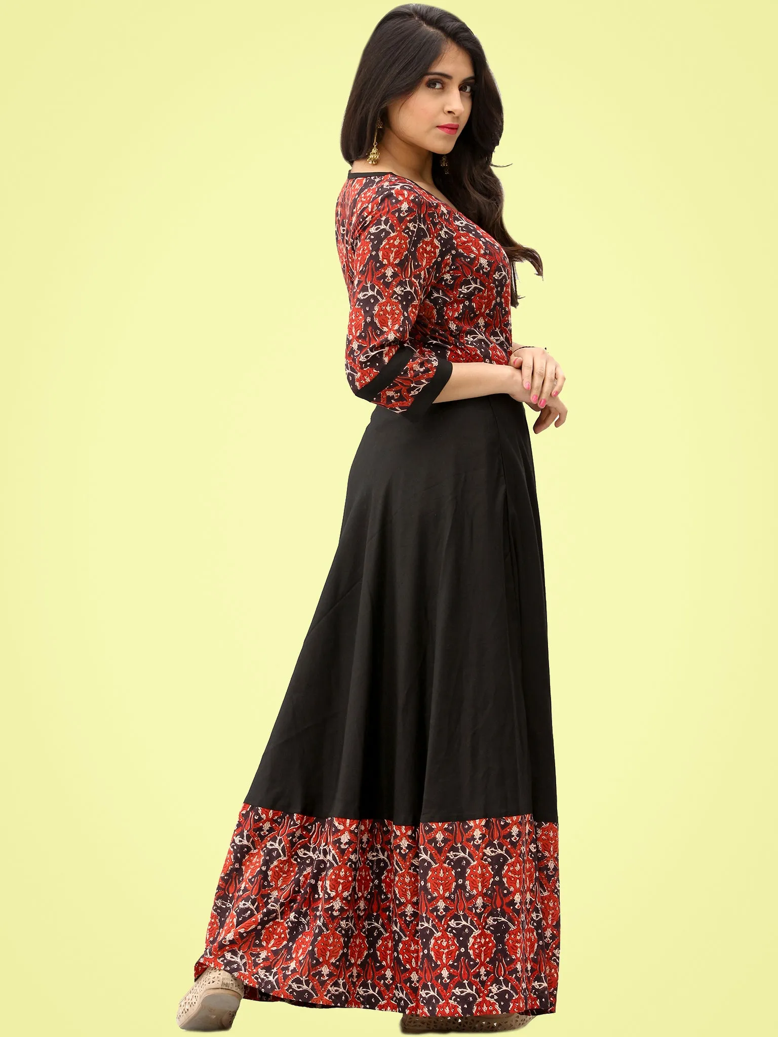 Tareen - Black Maroon Hand Block Printed Long Dress  - D150F2136