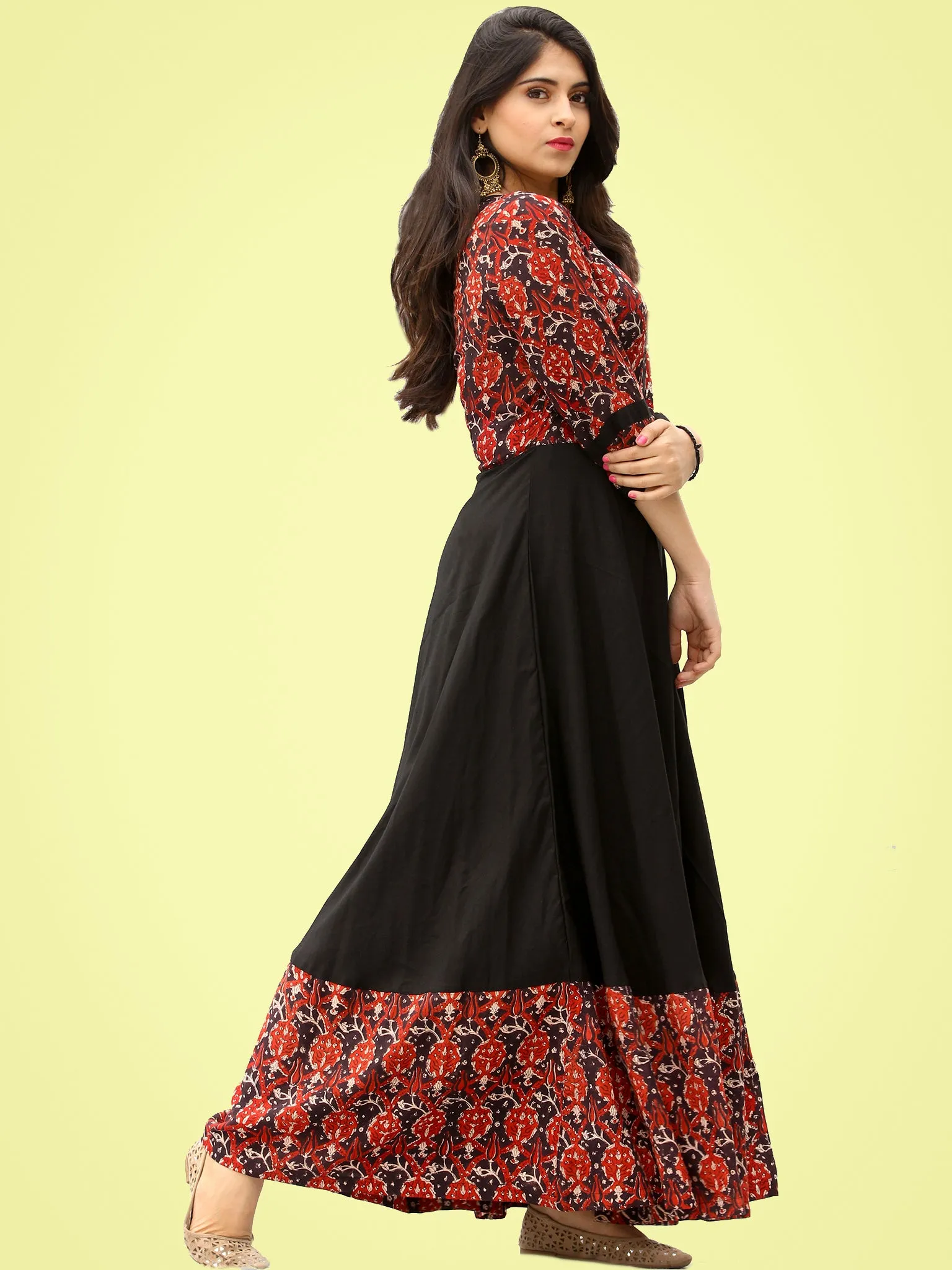 Tareen - Black Maroon Hand Block Printed Long Dress  - D150F2136