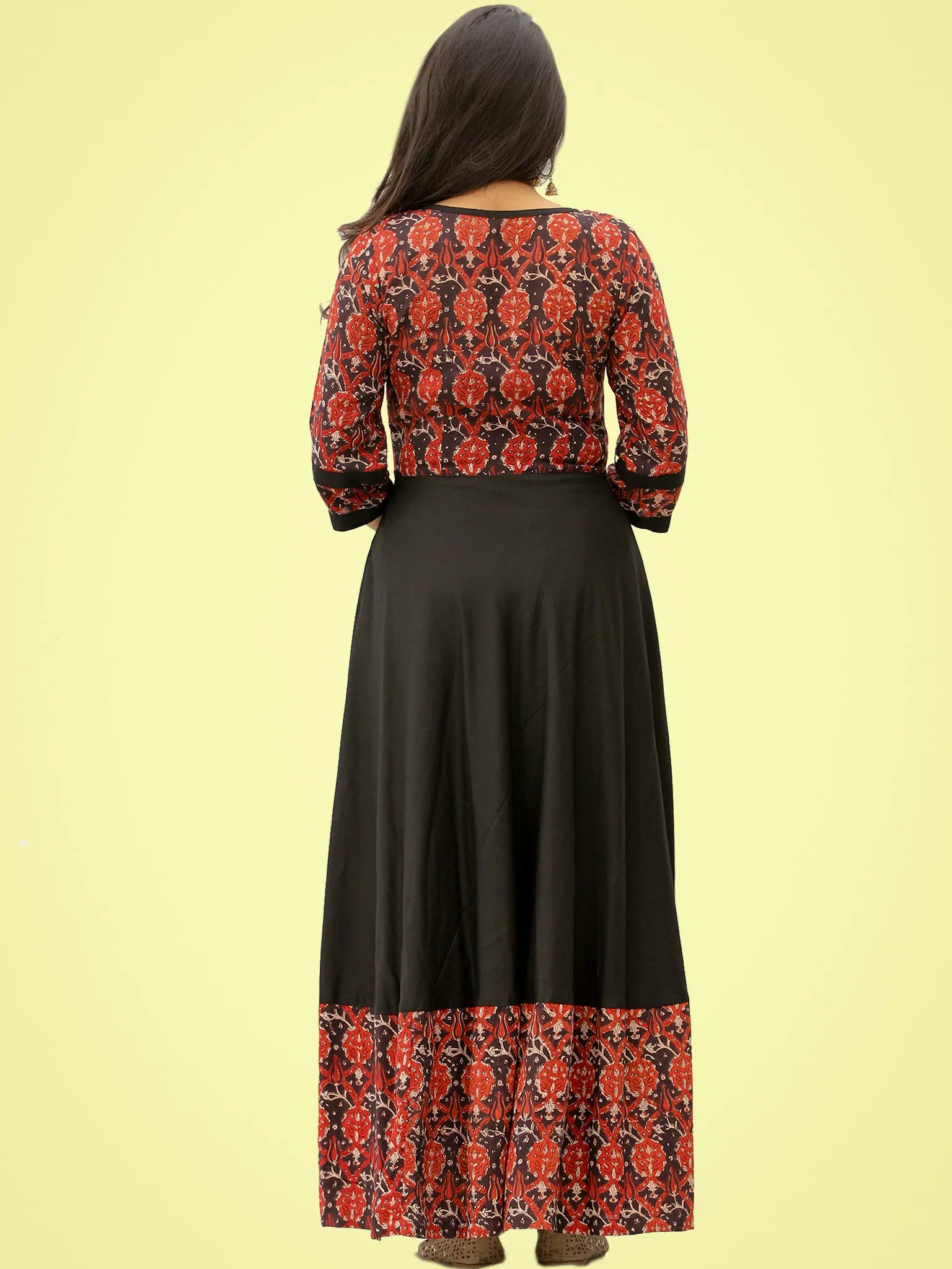 Tareen - Black Maroon Hand Block Printed Long Dress  - D150F2136