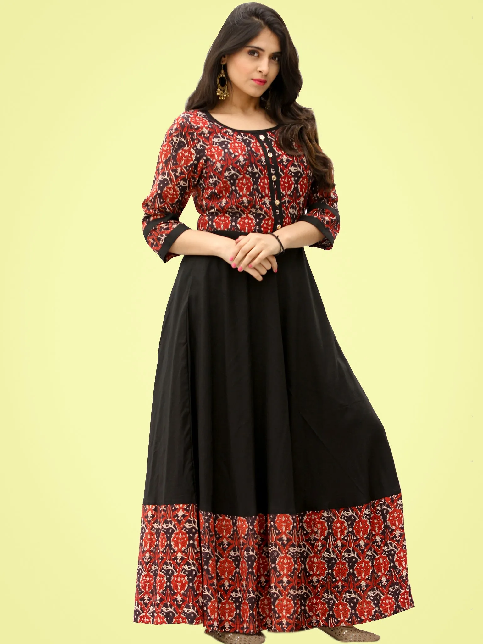 Tareen - Black Maroon Hand Block Printed Long Dress  - D150F2136