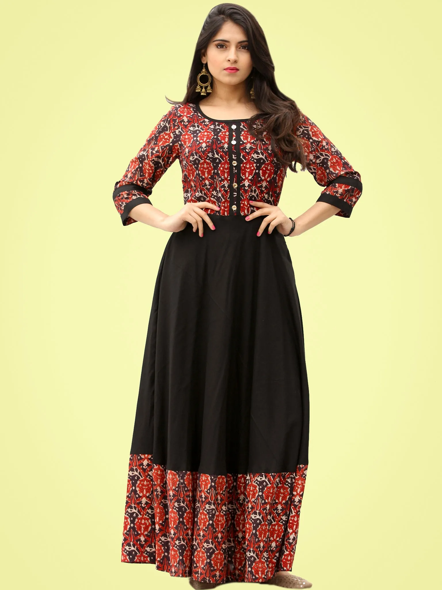 Tareen - Black Maroon Hand Block Printed Long Dress  - D150F2136