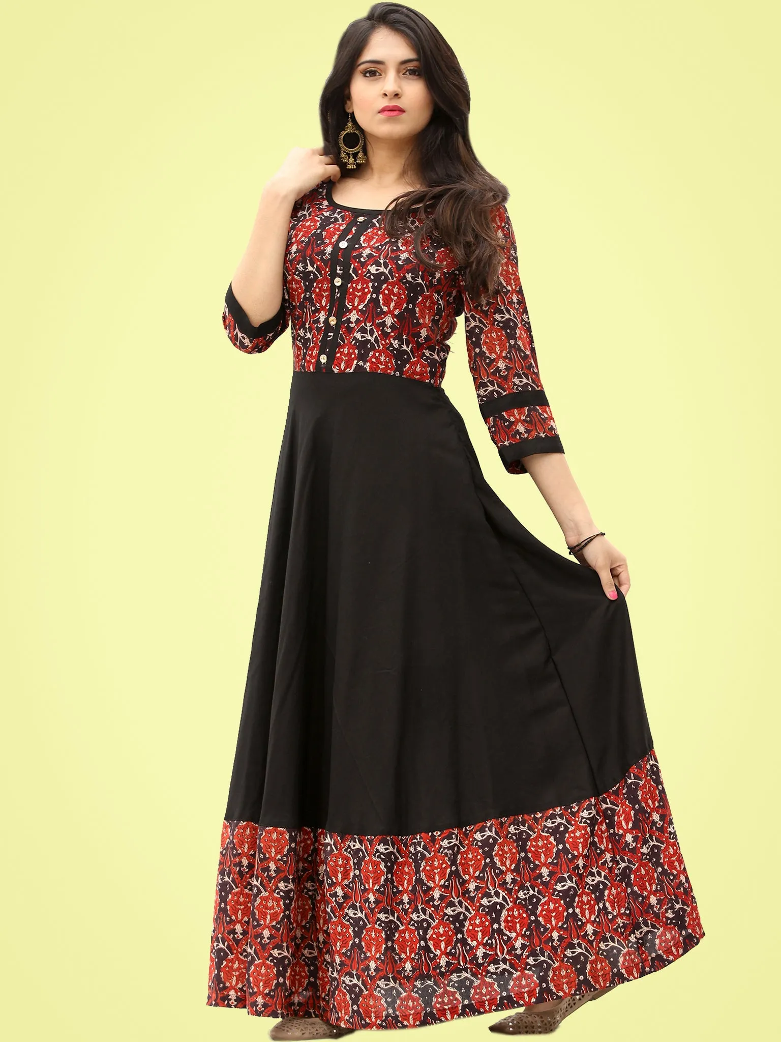 Tareen - Black Maroon Hand Block Printed Long Dress  - D150F2136