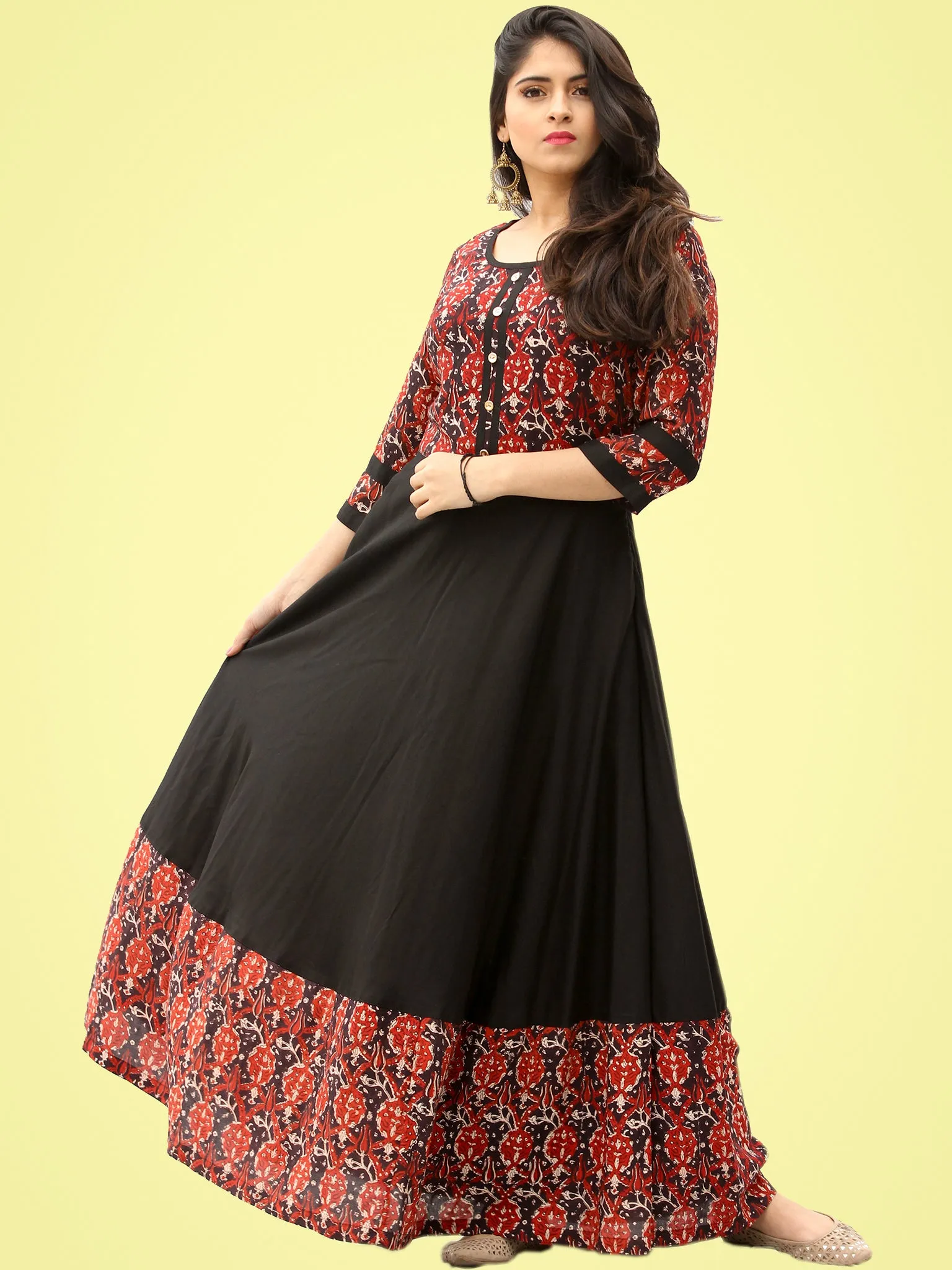 Tareen - Black Maroon Hand Block Printed Long Dress  - D150F2136